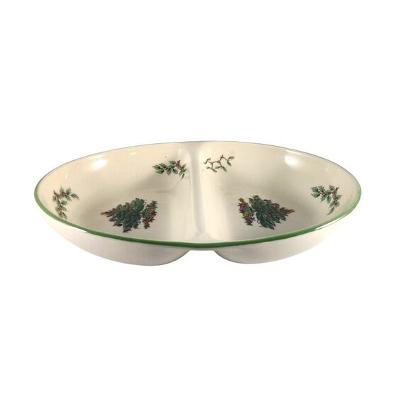 Vintage Spode Christmas Tree Divided Oval Dish 11.5" Porcelain Holiday Serveware - Picture 4 of 8